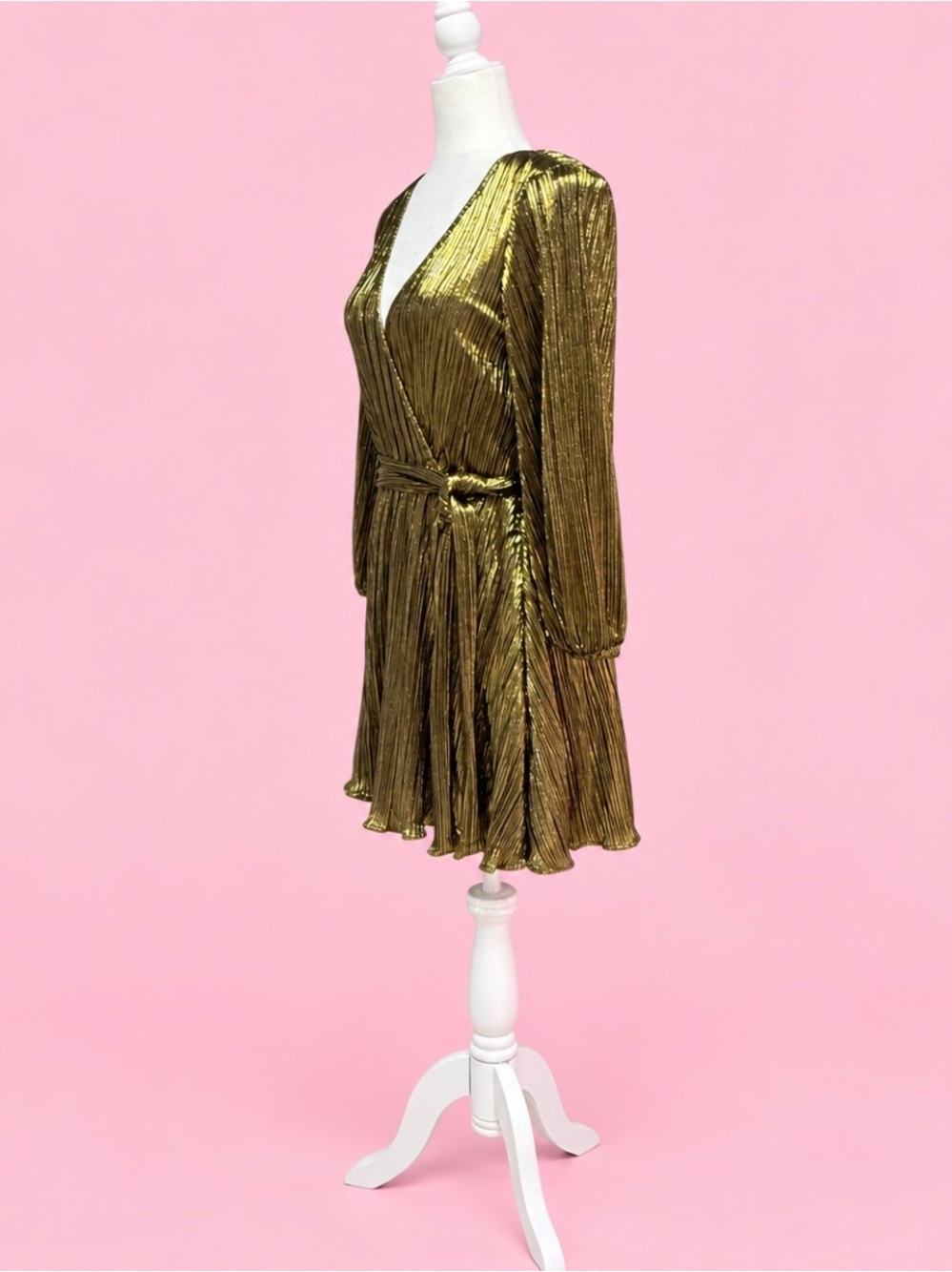 β¨ Bardot Metallic Gold Pleated Wrap Dress β¨ - Picture 5 of 6